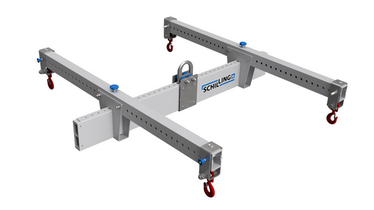 SCHILLING H-Traverse SCHILLING H-Traverse aus Aluminium mit vier roten Hakenrollen zur sicheren Befestigung und einem zentralen Metallbügel.