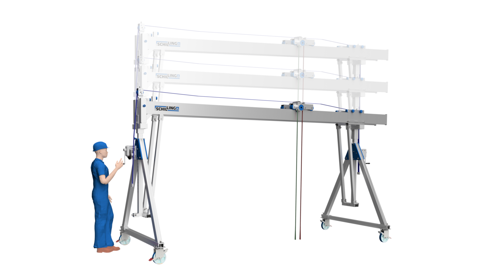 SCHILLING Handwinde für Portalkrane Ein Arbeiter in Arbeitskleidung bedient eine große, dreistufige Hebevorrichtung aus Metall, die auf Rollen steht. Die Maschine dient zum Heben und Positionieren schwerer Lasten in der Industrie.